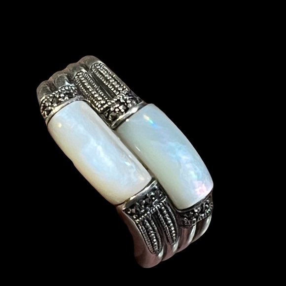 vintage Sterling Silver Art Deco Marcasite Ring / Mother of Pearl ring / vintage gift for her main image 1